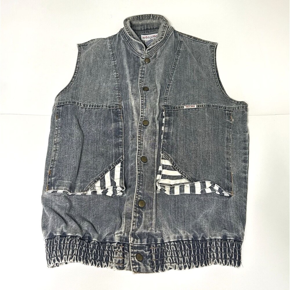 Vntg Tres Jolie Grey Denim Jean Vest Button Up Size M Black White Stripe Pattern